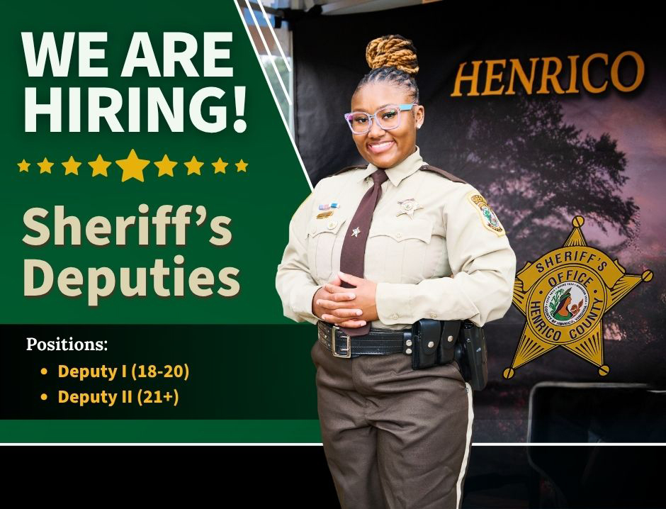We are hiring Sheriff's Deputies sign with photo of a current female Henrico Sheriff