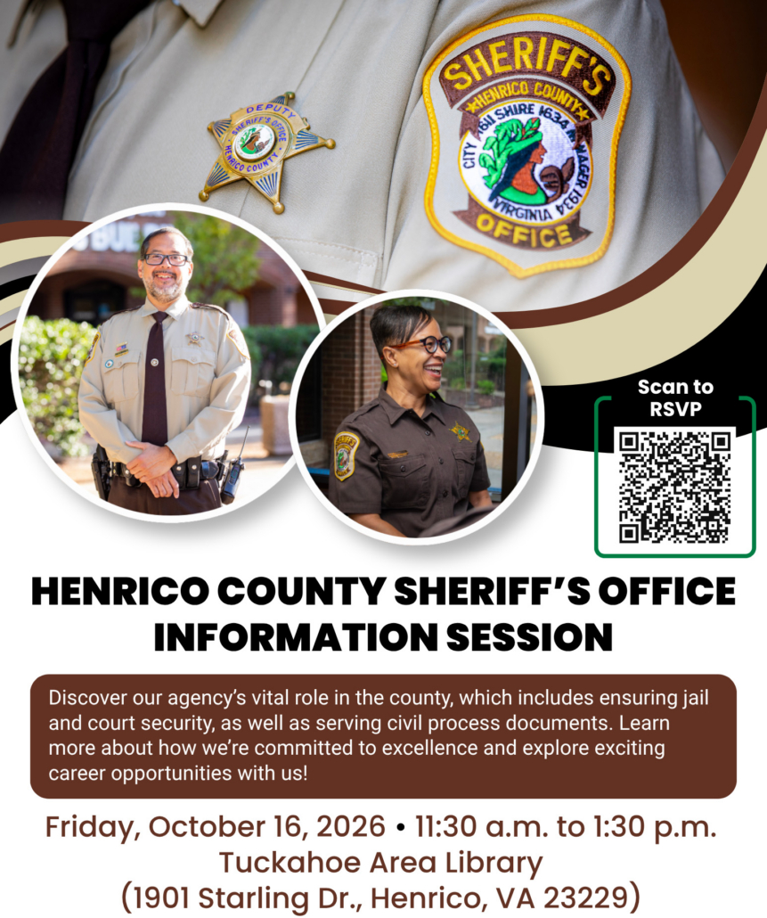 Henrico Sheriff's Office info session information with two deputies smiling in uniform and a close-up photo of the badge.