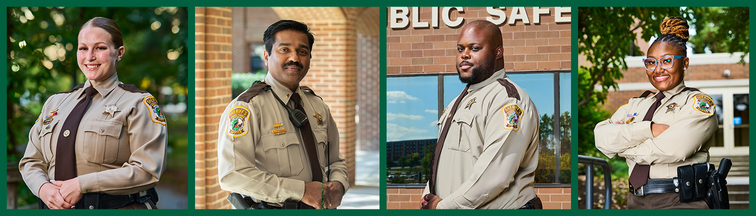 HCSO slideshow 3 Four diverse police officers in uniform posing confidently outdoors and inside a public safety building.