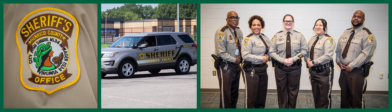 HCSO slideshow 6 Henrico Police patch with the recruiting vehicle and a group of Henrico County Sheriff's Office personnel in uniform.