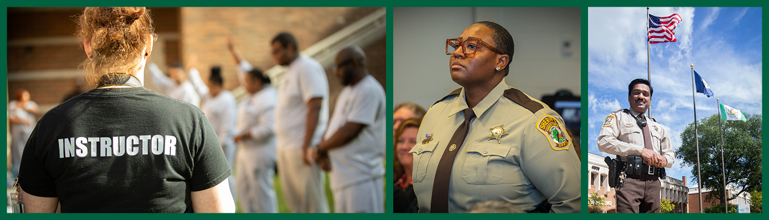 HCSO slideshow 7 Woman in an instructor t-shirt followed by images of a female and male Henrico Sheriff's Deputy.