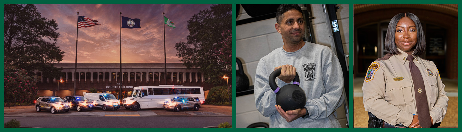 HCSO slideshow 8 Sunset photo of the Henrico courthouse with multiple vehicles in front, followed by photos of a male in workout attire and a female Henrico Sheriff's Lieutenant.