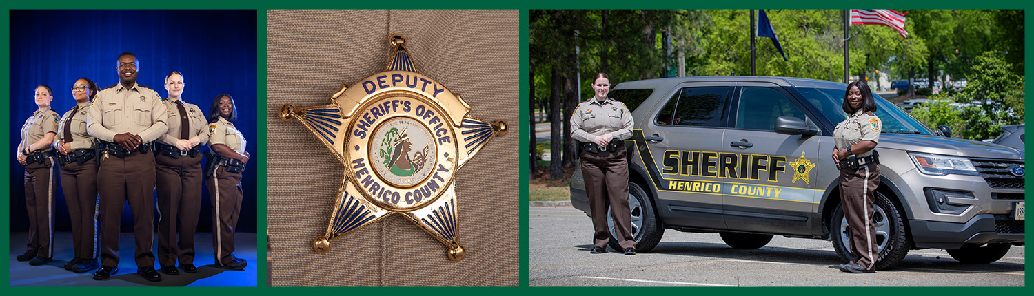HCSO slideshow 9 Group of Henrico Sheriff's Deputies in uniform along with a badge and two women near a recruiting vehicle.